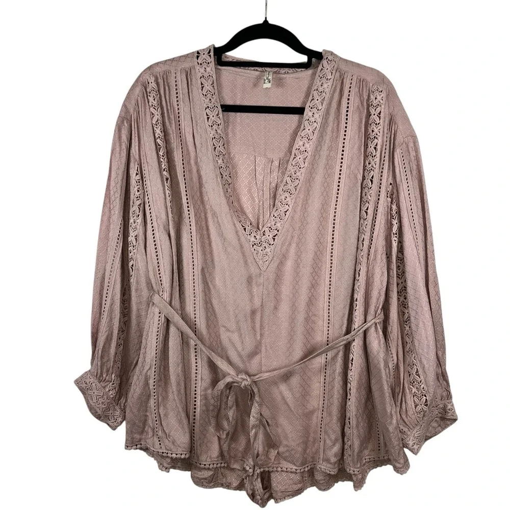 Free People Mean It Rober Romper Playsuit Crochet Belt‎ Tie Women's XS Pink